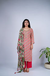 Leheriya Striped Suit Set with Embellished Neckline & Floral Printed Dupatta