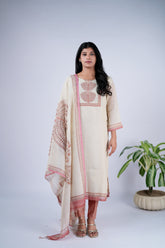 Ivory Linen Tissue Suit Set with Block Print Dupatta