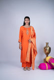 Kesariya Noor Embroidered Raw Silk Suit Set with Banarasi Dupatta