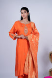 Kesariya Noor Embroidered Raw Silk Suit Set with Banarasi Dupatta