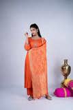 Kesariya Noor Embroidered Raw Silk Suit Set with Banarasi Dupatta