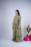 Sage Olive Green Layered Suit Set with Floral Appliqué