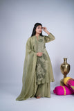 Sage Olive Green Layered Suit Set with Floral Appliqué