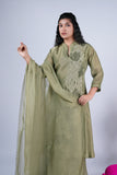 Sage Olive Green Layered Suit Set with Floral Appliqué