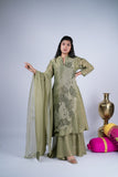 Sage Olive Green Layered Suit Set with Floral Appliqué