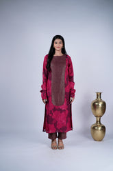 Maroon Floral Print Suit Set with Mirror Work