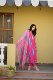 Vibrant Pink Floral Kurta Pant Set with Dupatta