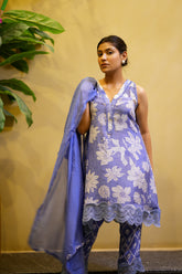Blue Floral Suit Set with Lace-Detail Kurta & Dupatta