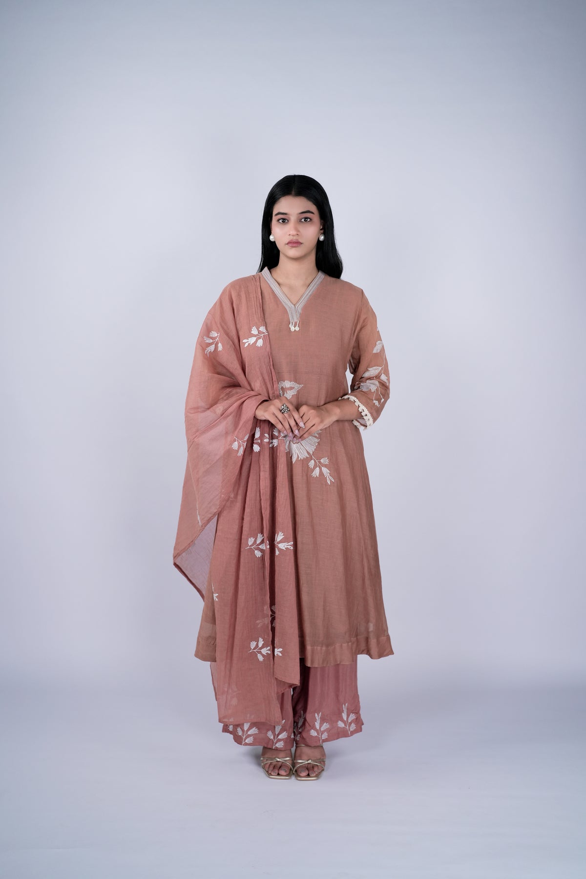 Rose Taupe Mul Chanderi Suit Set with Ivory Floral Threadwork