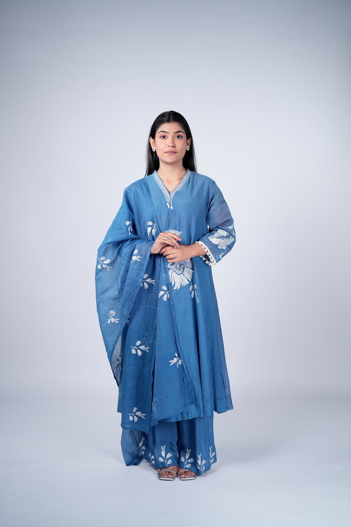 Dusty Blue Mul Chanderi Suit Set with Ivory Floral Threadwork