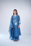 Dusty Blue Mul Chanderi Suit Set with Ivory Floral Threadwork