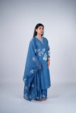Dusty Blue Mul Chanderi Suit Set with Ivory Floral Threadwork