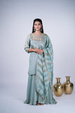 Tissue Silk Sharara Suit Set with Embroidered Yoke & Striped Dupatta