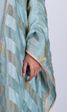 Tissue Silk Sharara Suit Set with Embroidered Yoke & Striped Dupatta