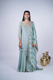 Tissue Silk Sharara Suit Set with Embroidered Yoke & Striped Dupatta