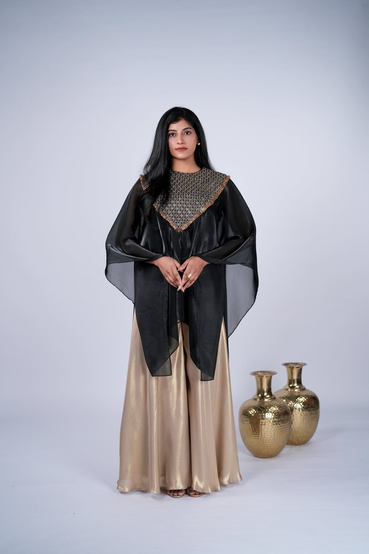 Black Organza Flowy Cape Set