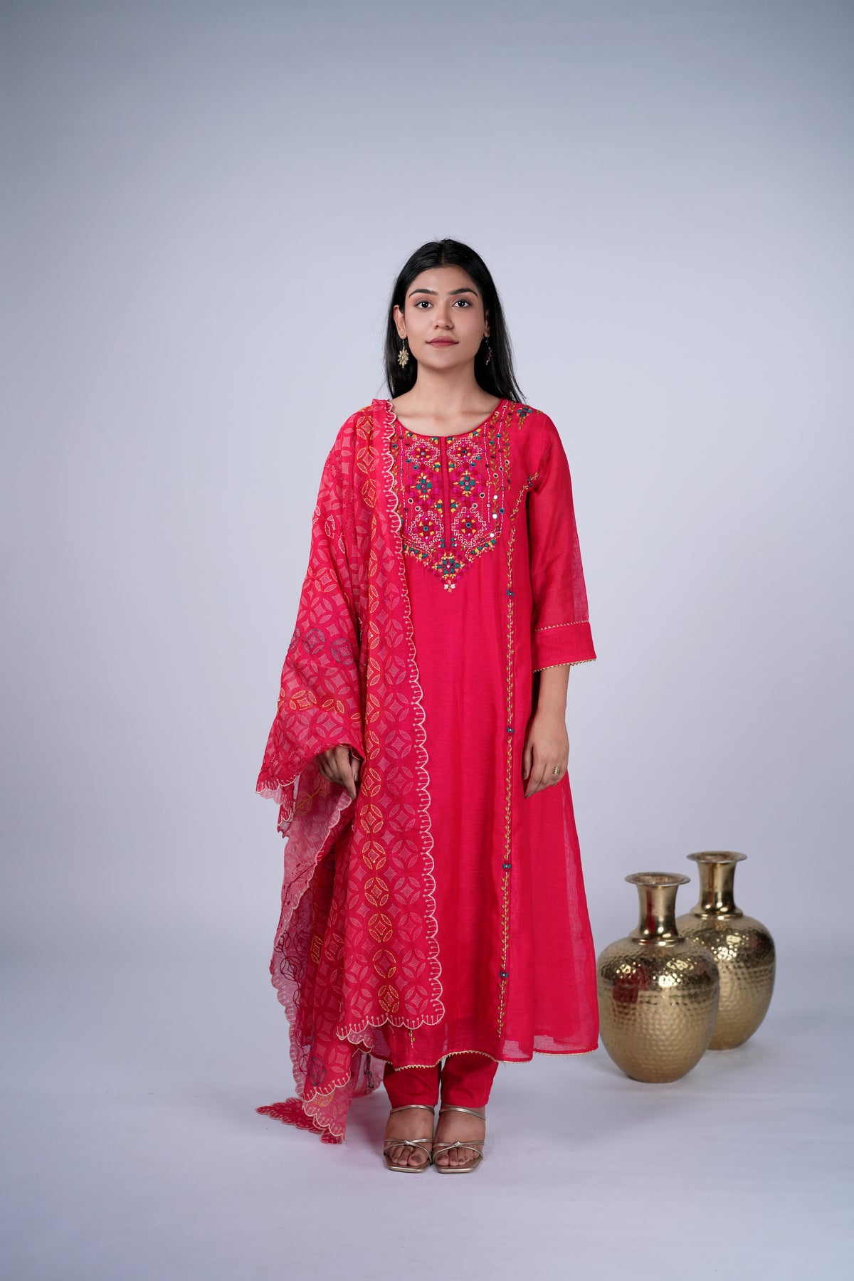 Chanderi Suit Set with Mirror & Multicolour Threadwork
