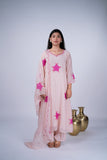 Mul Chanderi Suit Set with Fuchsia Rose Appliqué & Organza Dupatta