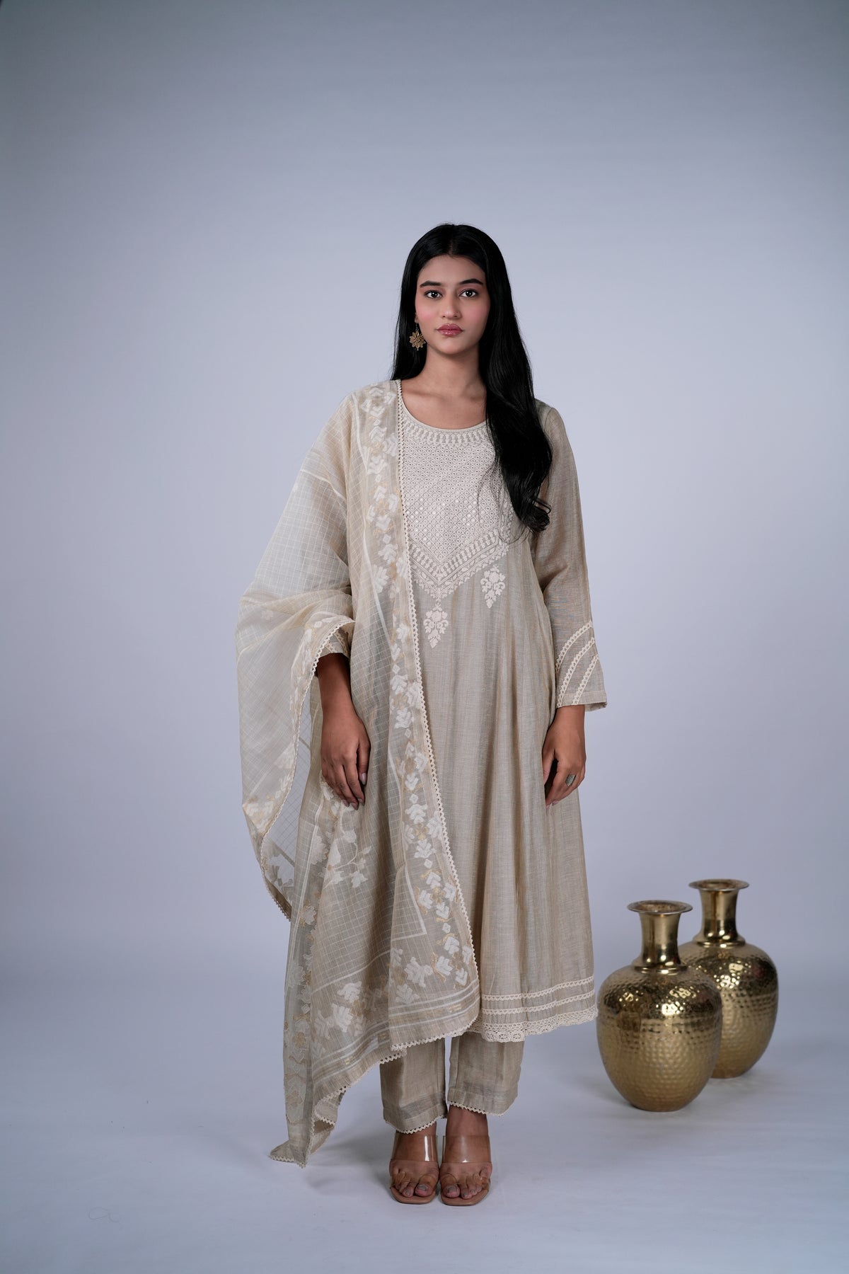 Chanderi Anarkali Suit Set with Chikankari Yoke & Jamdani Dupatta