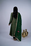 Tissue Anarkali Suit Set with Appliqué Dupatta & Gold Fringe Lace