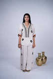 Ivory Crepe Co-ord Set with Bandhani-Print, Cowrie Shell Yoke & Palazzo