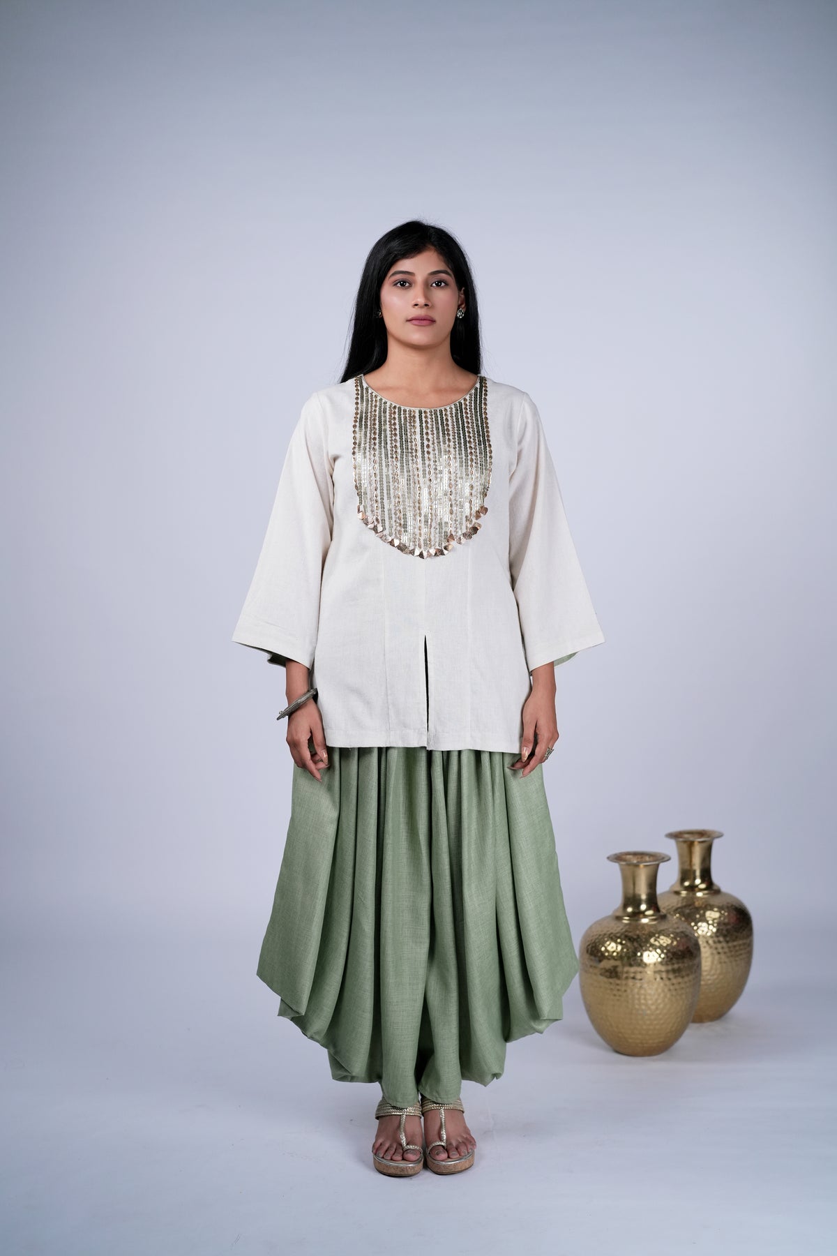 Co-ord Set with Metallic Work Yoke & Draped Dhoti Pants