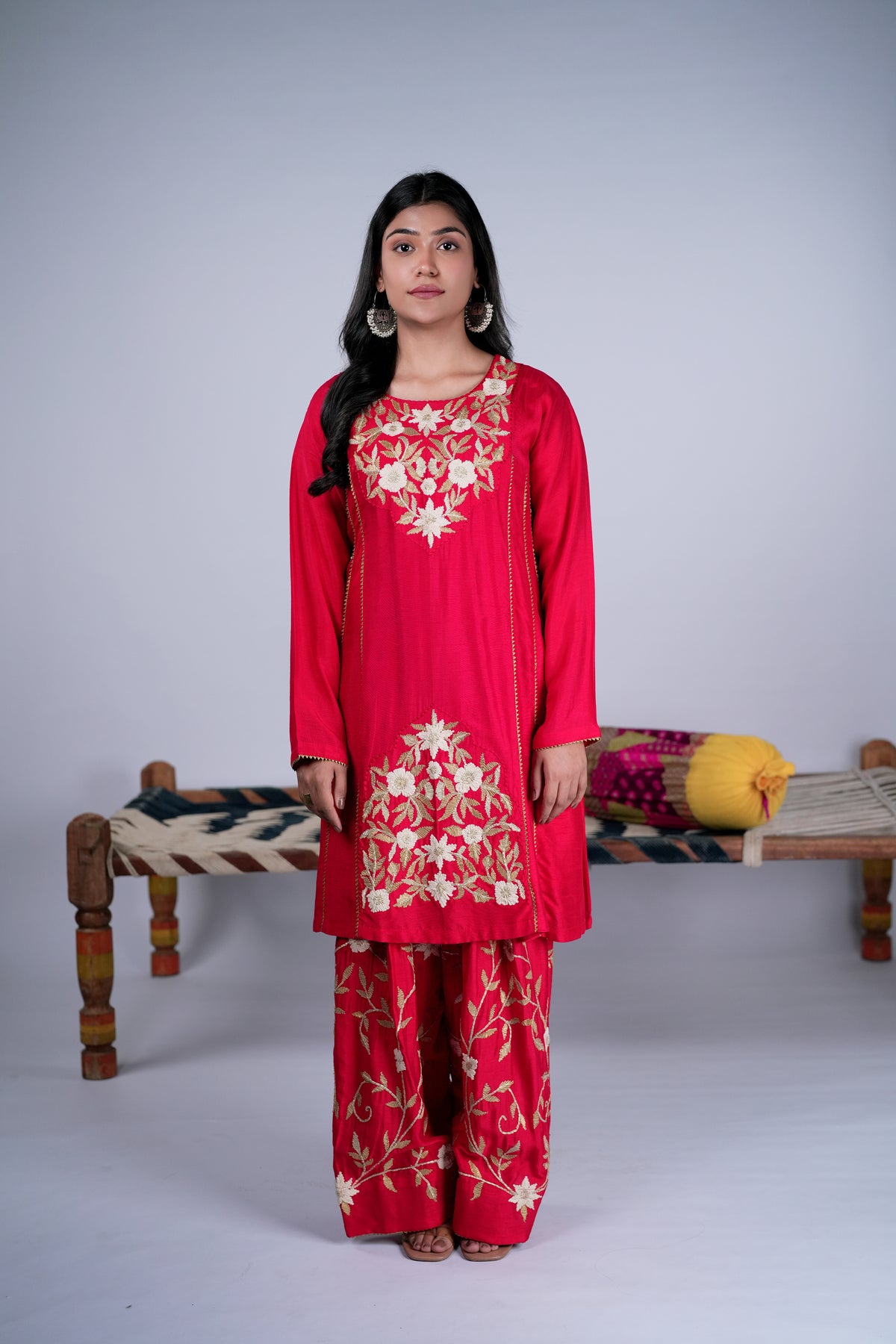 Crimson Red Embroidered Farshi Salwar Suit Set