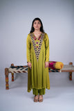 Olive Green Mirror Work Kurta Set with Pink Accents