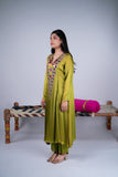 Olive Green Mirror Work Kurta Set with Pink Accents