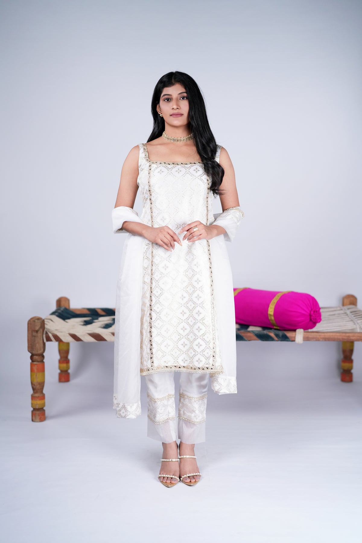White Embroidered Suit Set with Straight Pants & Dupatta
