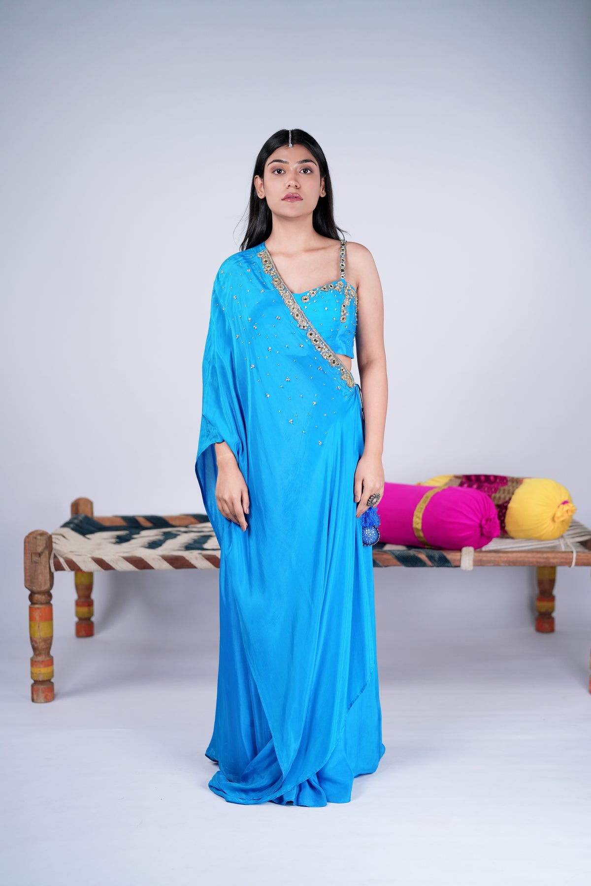 Cerulean Blue Indo-Western Set with Mirror Work Drape