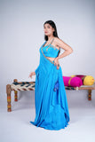 Cerulean Blue Indo-Western Set with Mirror Work Drape