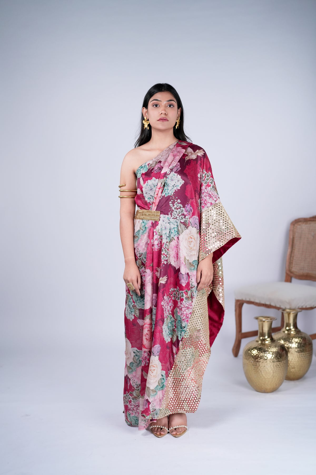 Maroon Floral Indo-Western Gown with Mirror Work