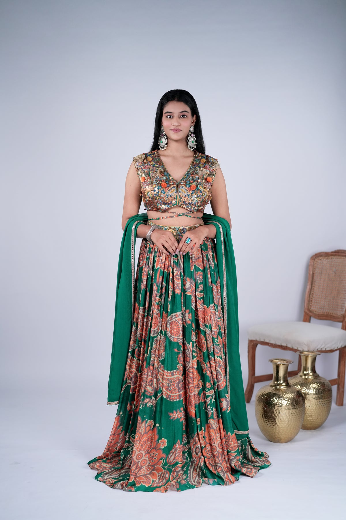 Emerald Green Printed Lehenga Set with Embellished Blouse & Dupatta
