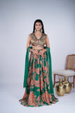 Emerald Green Printed Lehenga Set with Embellished Blouse & Dupatta