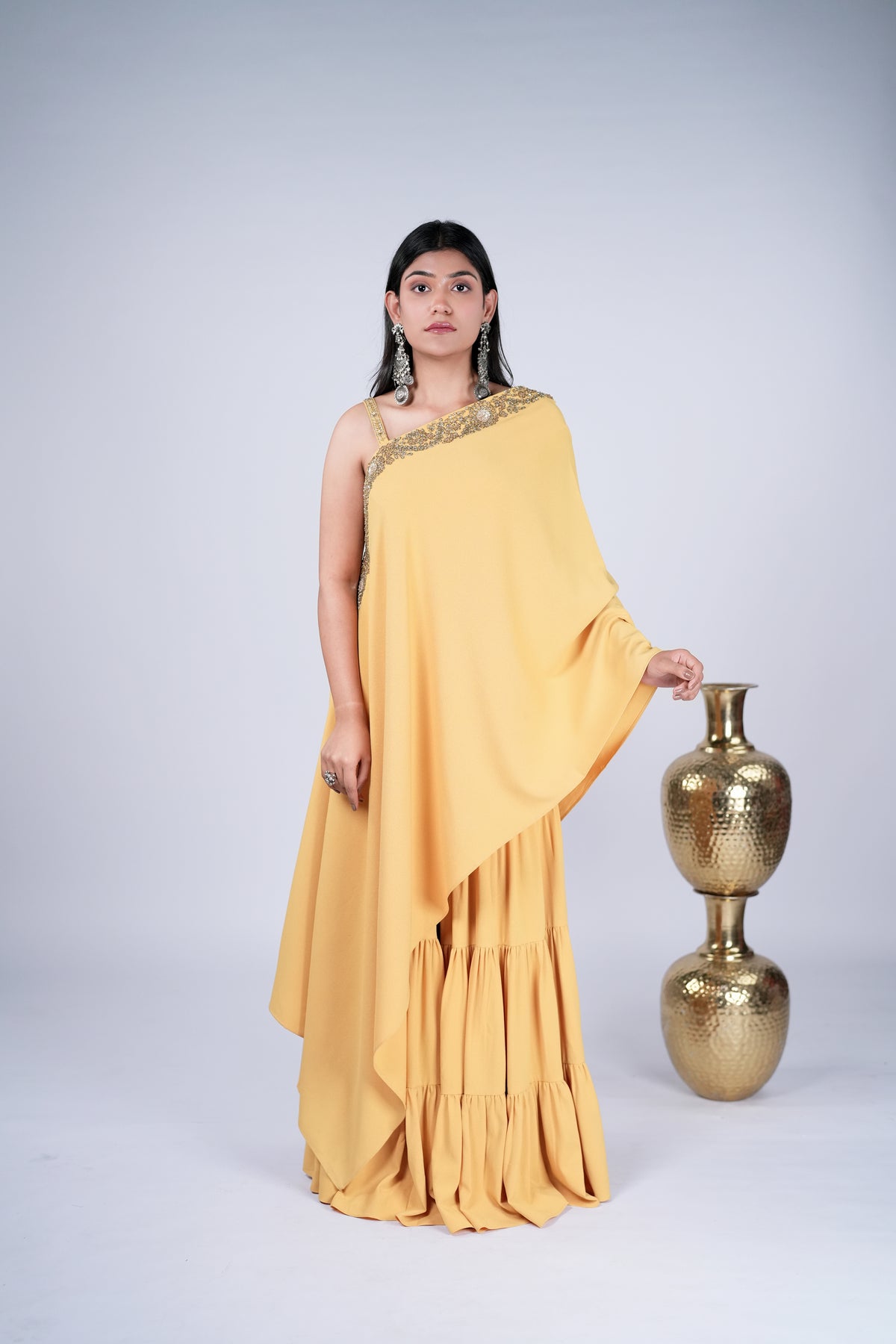 Mustard Yellow Draped Indo-Western Set with Embellished Border