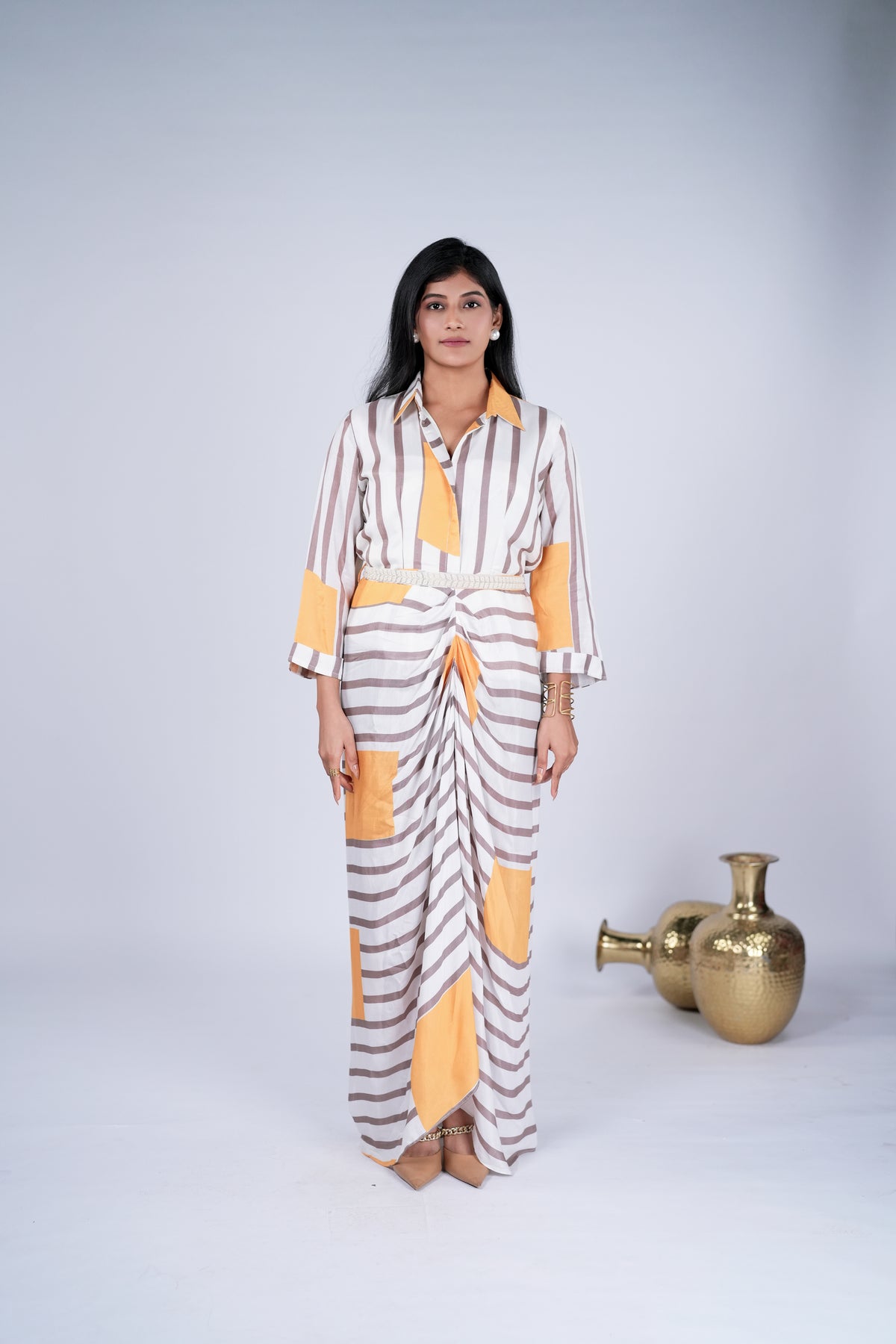 Striped Draped Dress with Braided Waist Belt