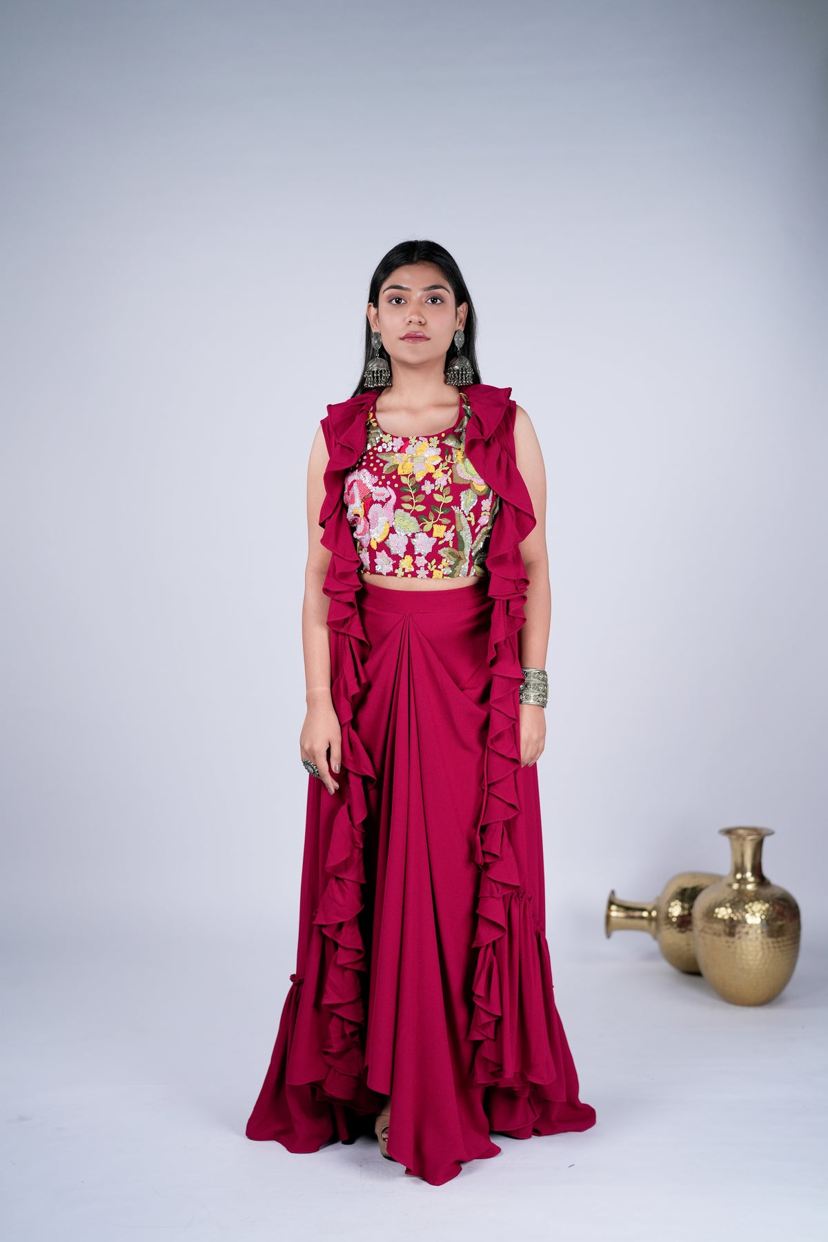 Ruffle Indo-Western Set with Floral Embroidered Crop Top