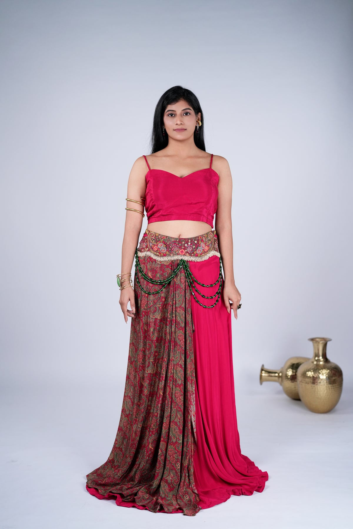 Indo-Western Draped Set with Paisley Print & Beaded Detailing