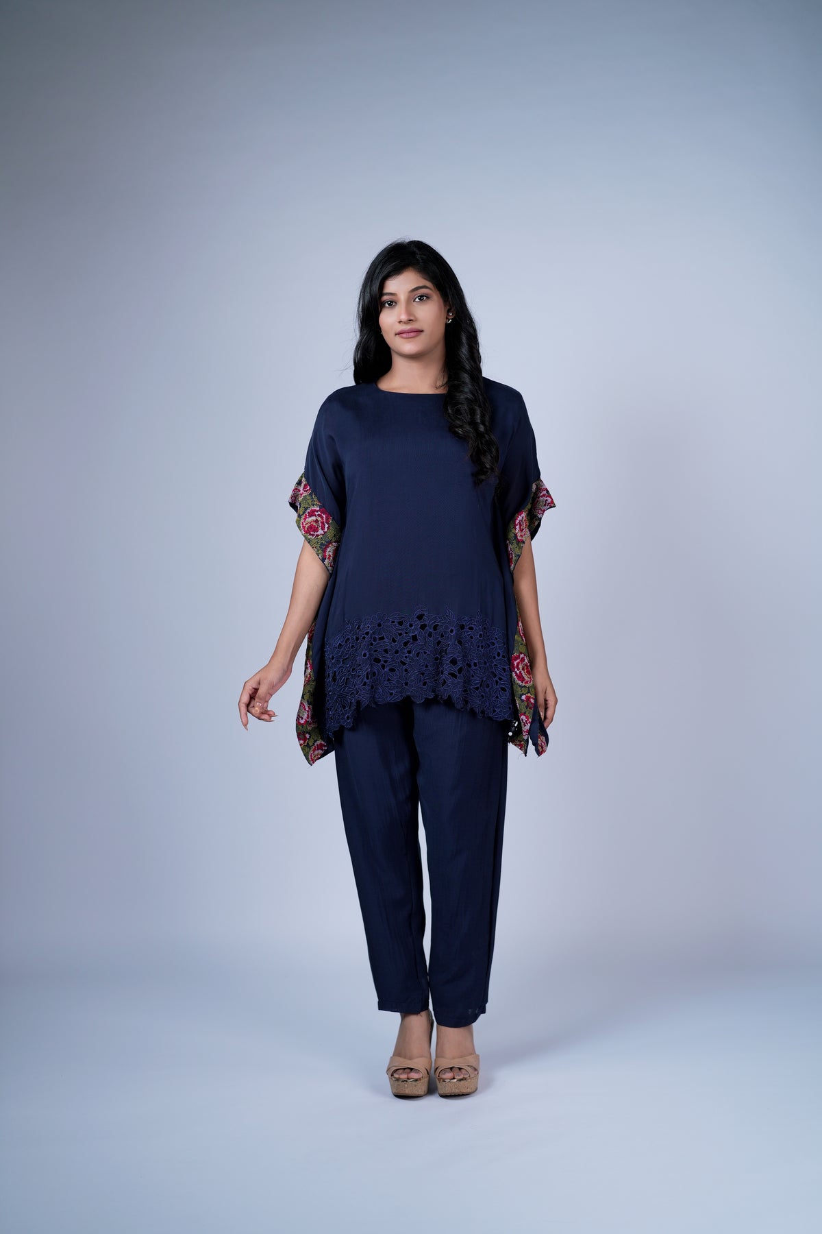 Kaftan Co-ord Set with Floral Panels & Cut-work
