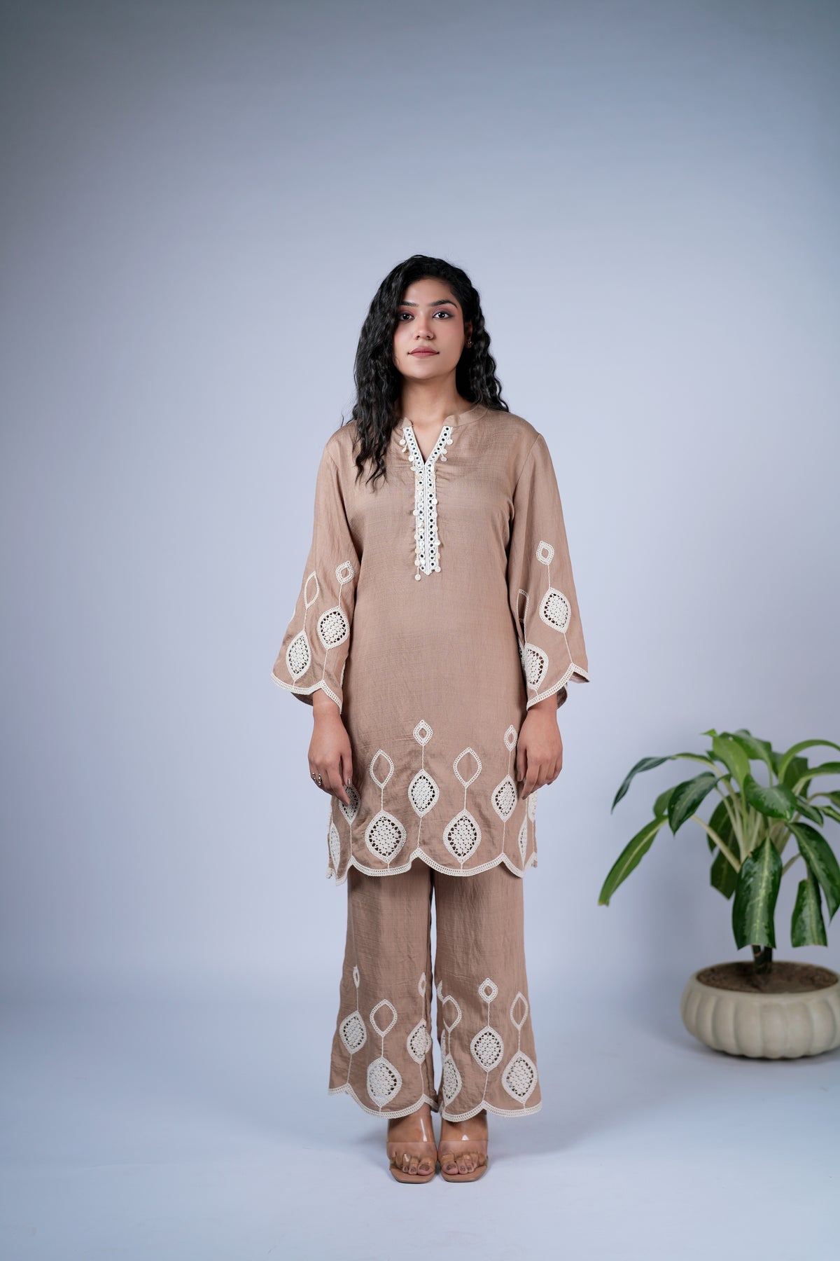 Sand Brown Co-ord Set with Ivory Cutwork Embroidery