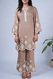 Sand Brown Co-ord Set with Ivory Cutwork Embroidery