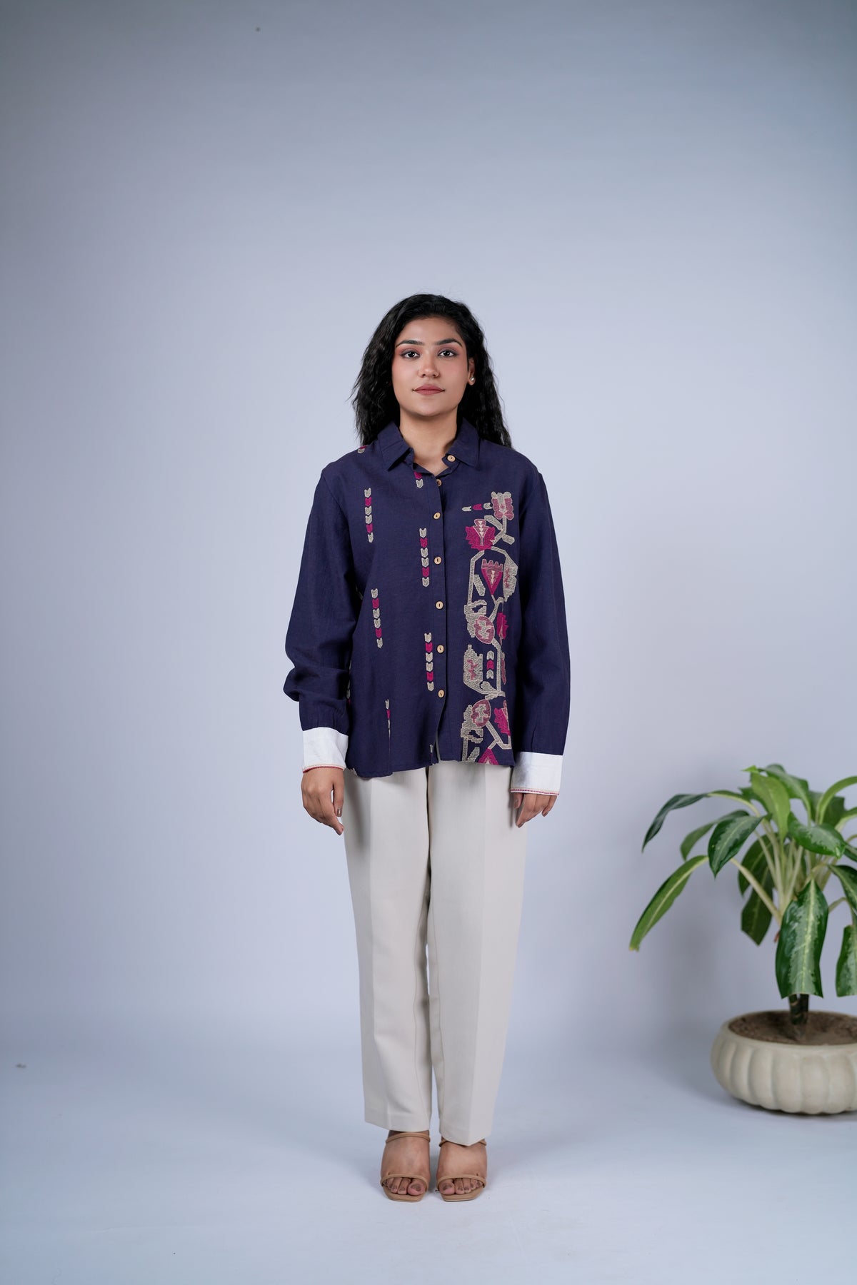 Linen Blue Embroidered Shirt with Contrast Cuffs