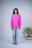 Cotton Shirt Top with Mandarin Collar & Balloon Sleeves