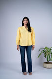 Cotton Shirt Top with Mandarin Collar & Balloon Sleeves