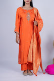 Kesariya Noor Embroidered Raw Silk Suit Set with Banarasi Dupatta