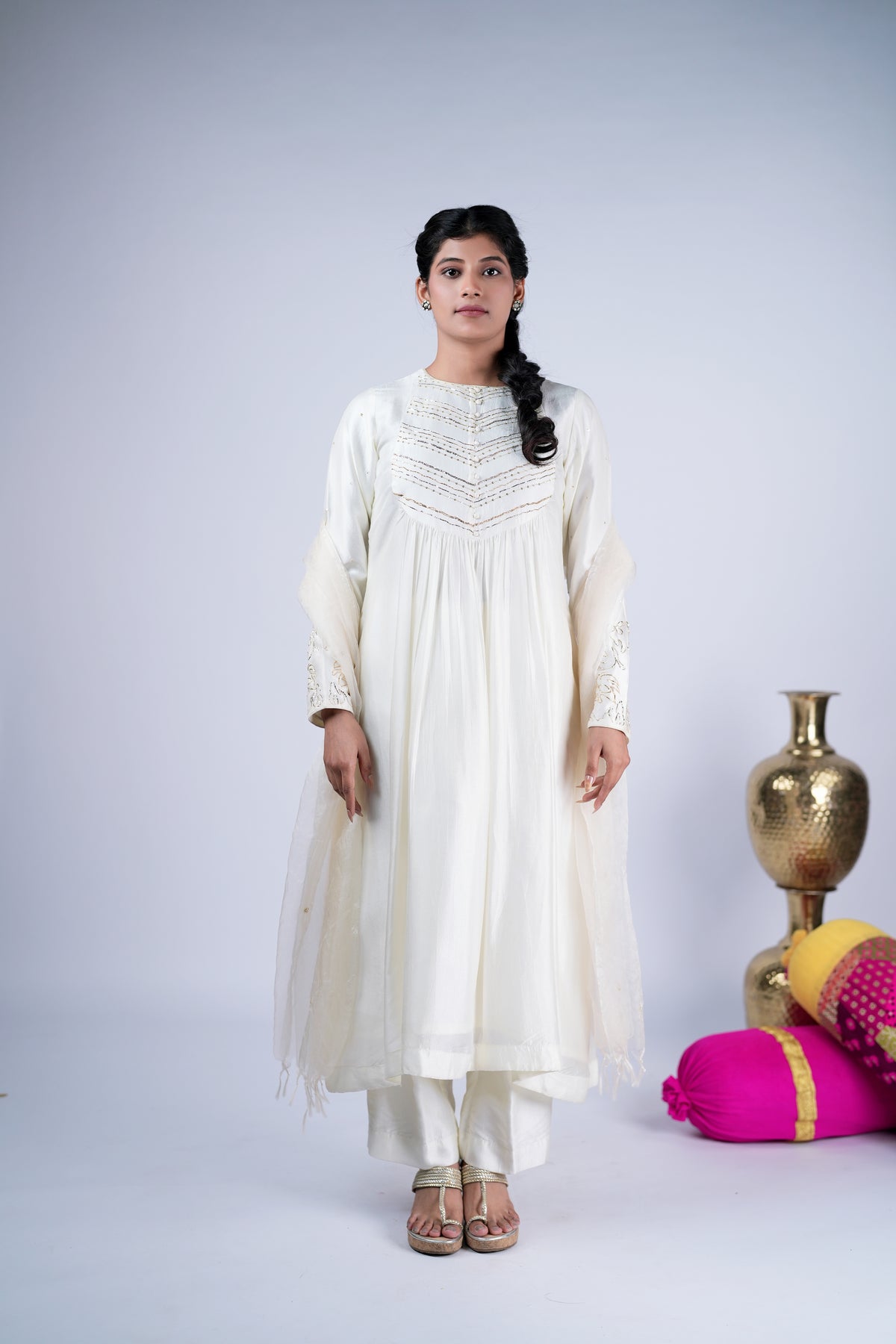 Off-White Aura Embroidered Anarkali Suit Set with Gold Detailing