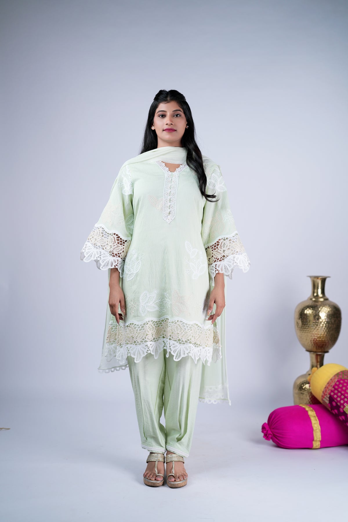 Pastel Mint Green Embroidered Tulip Style Suit Set