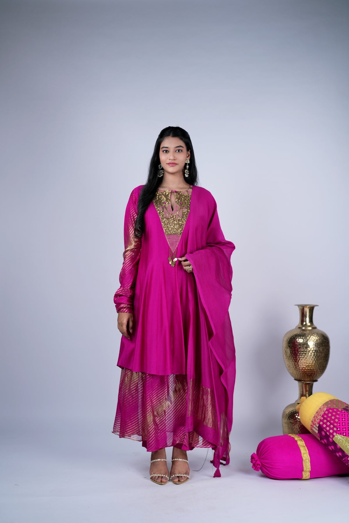 Rani Pink Anarkali Set with Sequin Yoke