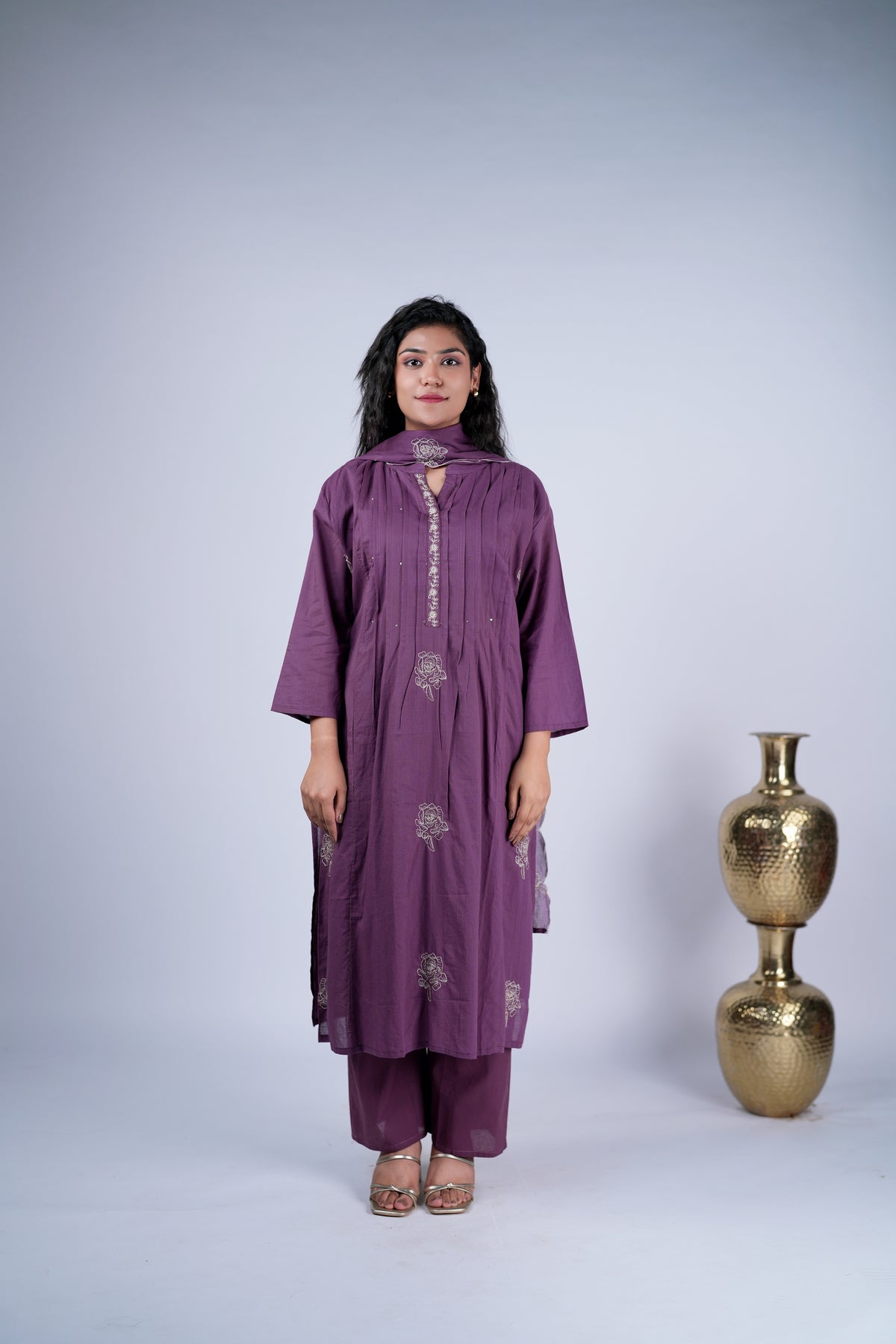 Pintuck Mauve Purple Embroidered Suit Set